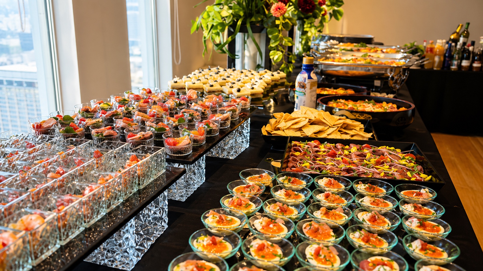 小分けの前菜と大皿料理が並ぶMr.BUFFETのビュッフェ写真